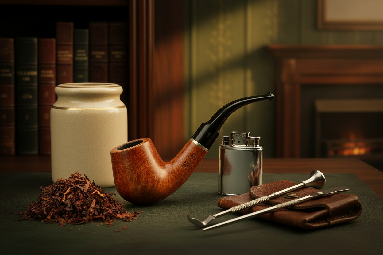 Pfeife, Feuerzeug, Stopfer und Tabak auf einem Tiosch