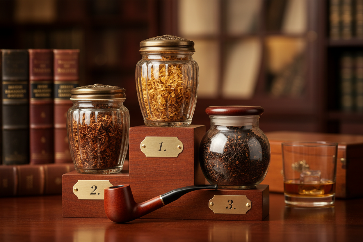 3 Pfeifentabake stehen auf einem Siegerpodest