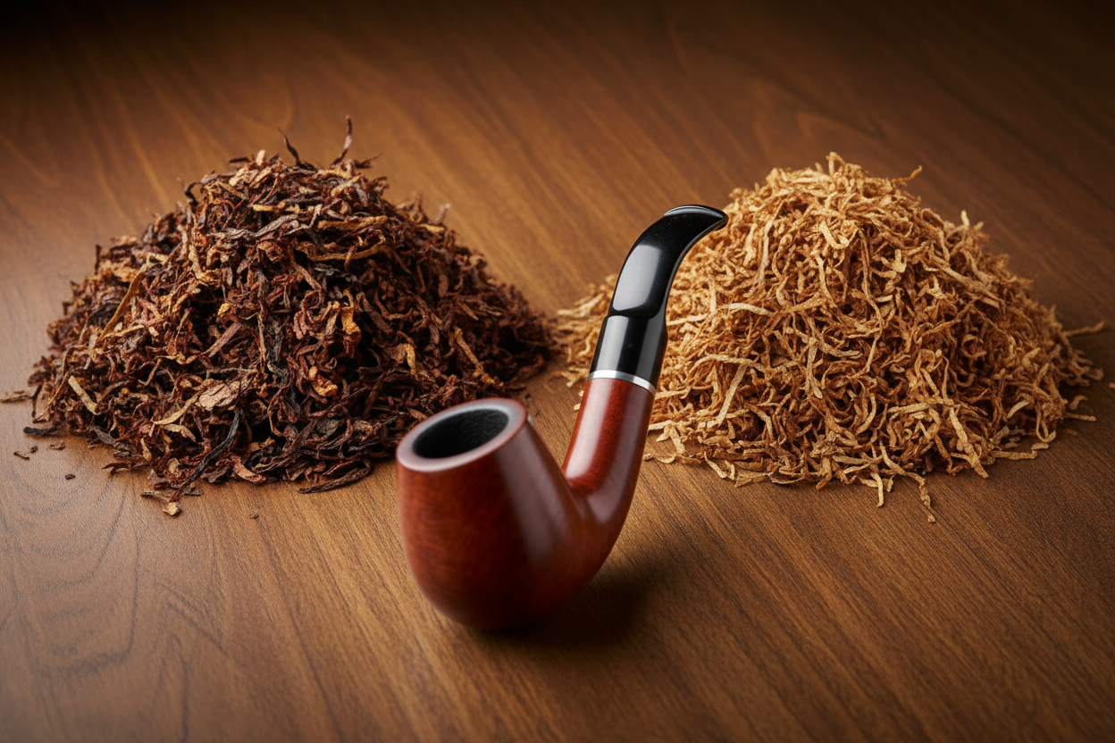 Zwei Haufen Tabak und eine Pfeife in der Mitte