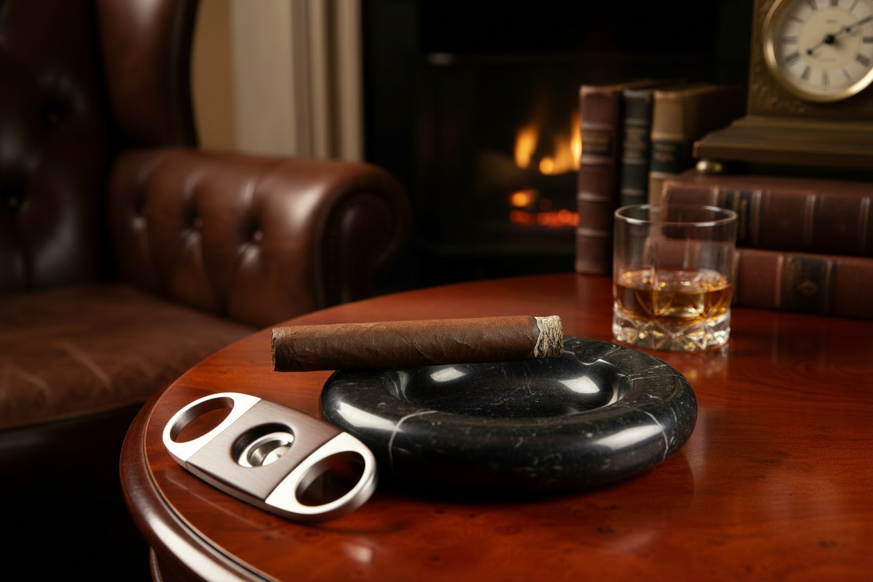 Eine Zigarre liegt in einem Aschenbecher. Daneben liegt ein Cutter.